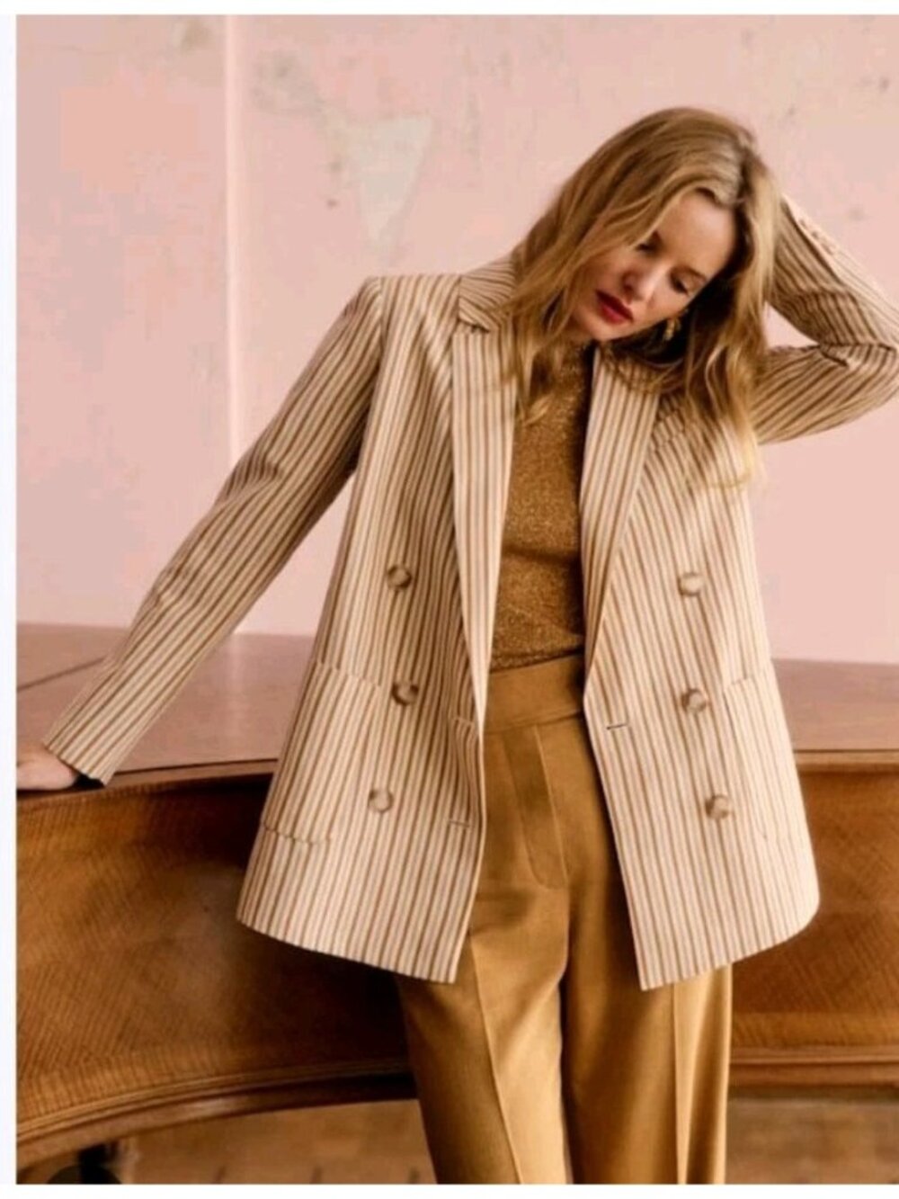NWT Sezane Michele Double Breasted Blazer Jacket US 2 FR 34 Beige Stripe Linen